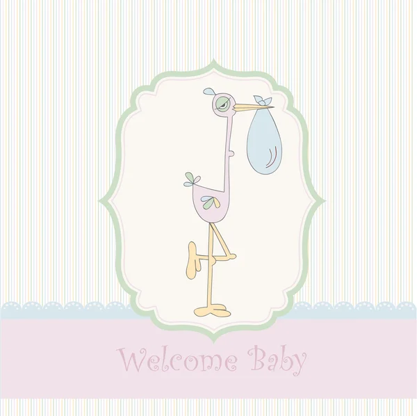 Välkommen baby kort med stork — Stock vektor