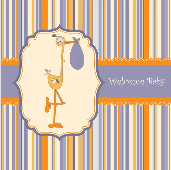 Üdvözöljük baby kártya gólya — Stock Vector