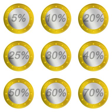 9 percentages of discounts on euro coin shape clipart