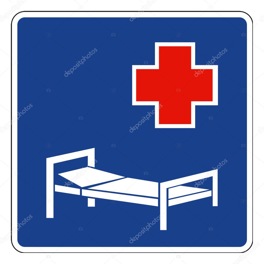 Hospital sign or button with bed isolated on white background.