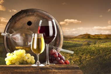 Red and white wine with barrel on vineyard clipart