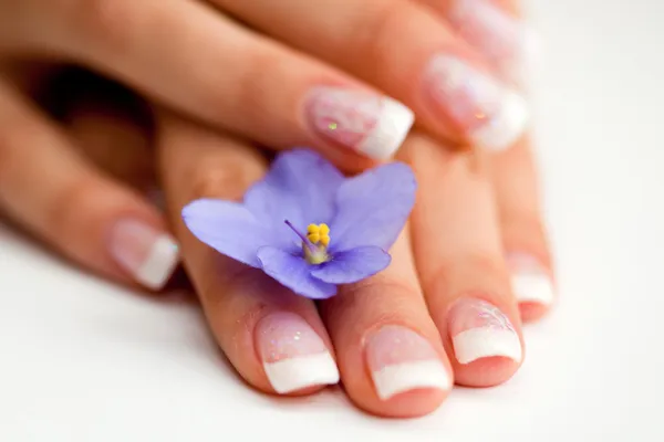 French manicure en bloem (macro) Rechtenvrije Stockafbeeldingen