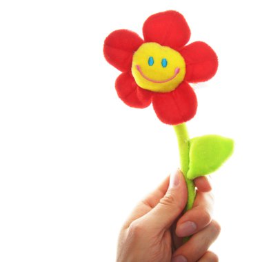 Human hand hold a smiling flower, isolated on white backgound clipart