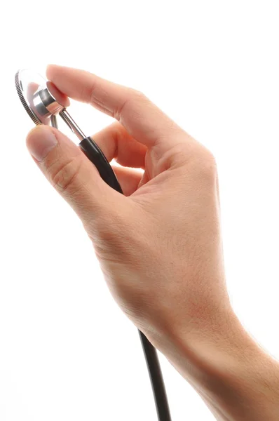 Hand Hält Ein Stethoskop Isoliert Auf Weißem Hintergrund — Stockfoto