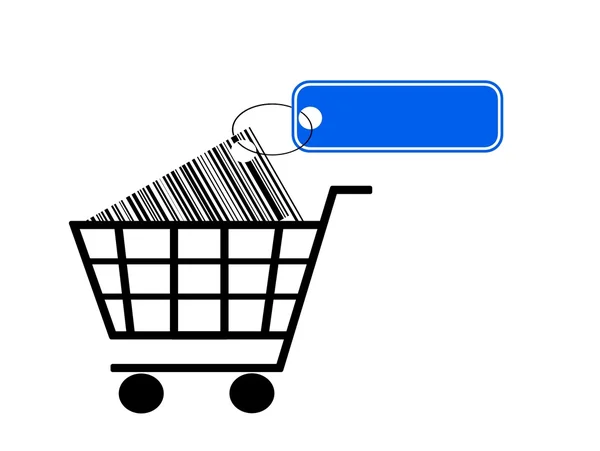バーコードとラベルの白い背景で隔離のショッピングカート — ストック写真