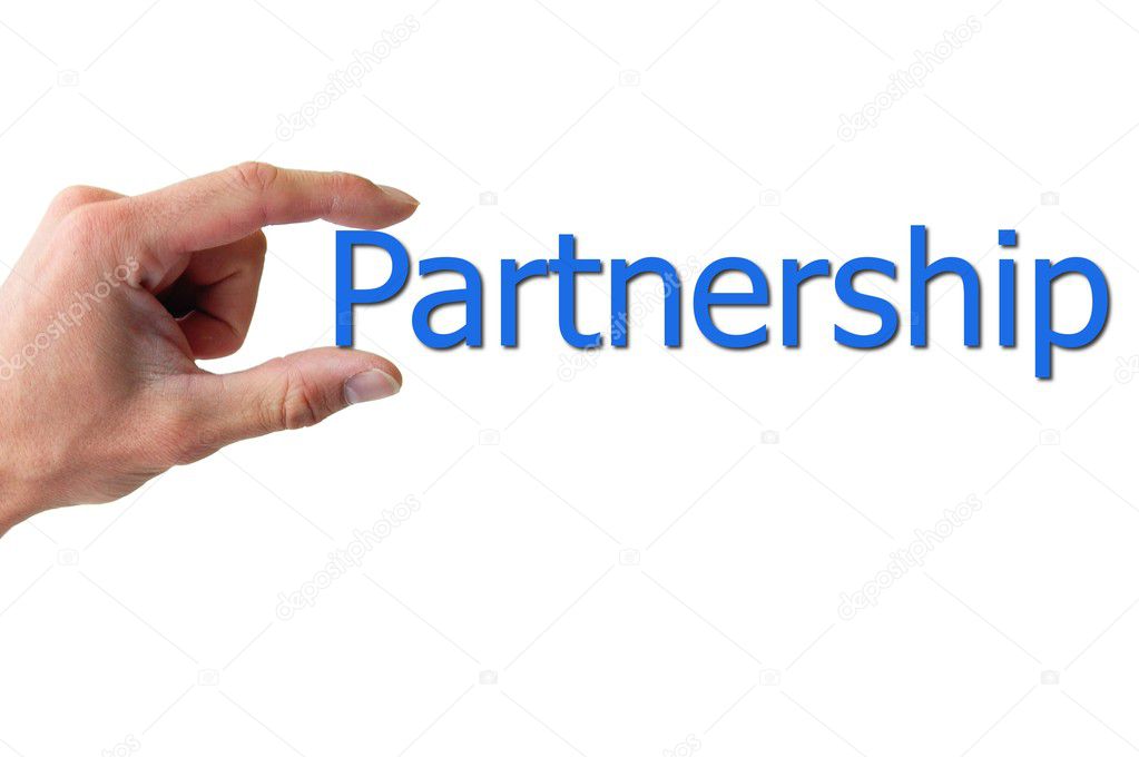 Hand holding the word partnership isolated on white backgound