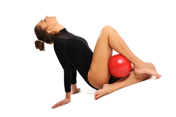 Girl Gymnast Black Sport Suit Sitting Floor Red Ball Isolated — Stock Photo, Image