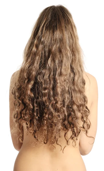 Спина Женщины Длинными Вьющимися Волосами Белом Фоне — стоковое фото