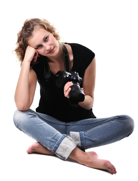 Young Beautiful Girl Photographer Digital Photocamera Sitting White Background — Stock Photo, Image