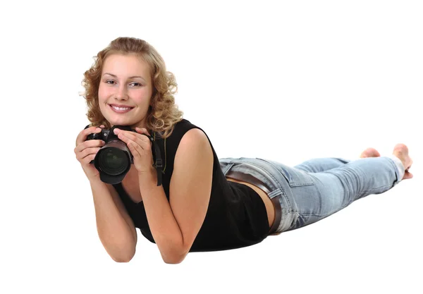 Young Beautiful Girl Photographer Digital Photocamera Laying White Background — Stock Photo, Image