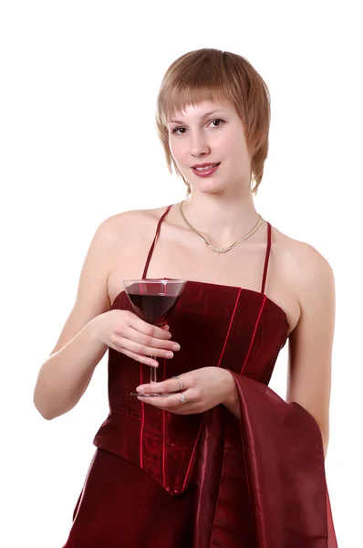 Красивая Девушка Красном Платье Красным Стеклом Виноградной Лозы Изолированы Белом — стоковое фото