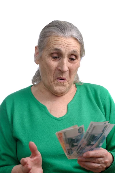 Beyaz Arka Plan Üzerinde Izole Para Ile Yaşlı Kadın — Stok fotoğraf