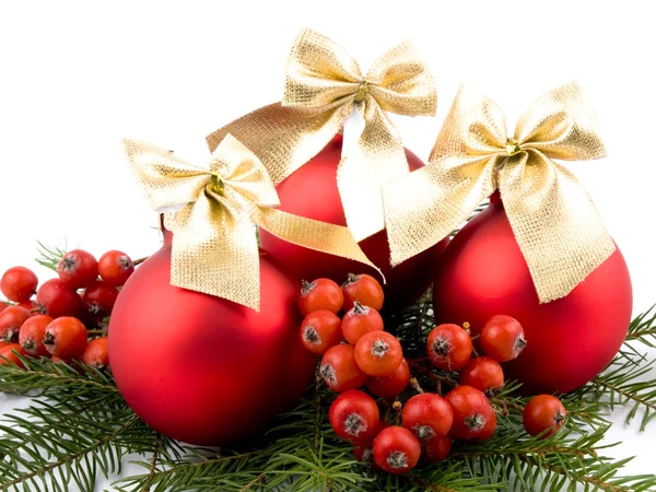 Red glass ball and rowan - Christmas decoration — Stock Photo, Image