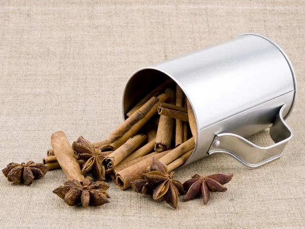 Aromatic cinnamon and anise on linen background — Stock Photo, Image