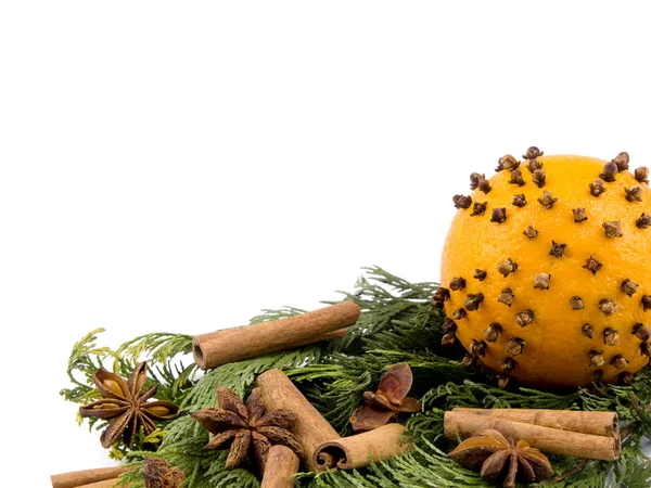 Christmas decoration - orange with spices and thuja branches — Stock Photo, Image