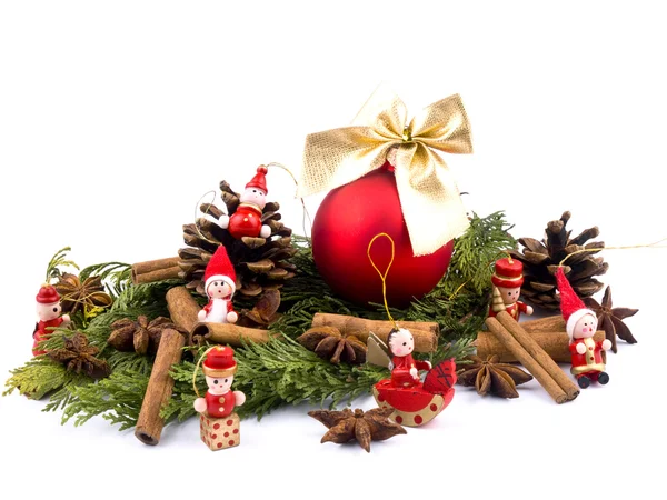 stock image Christmas decoration - glass ball and red wooden figures