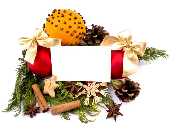 クリスマスの飾り - ガラス玉、オレンジと白のノート カード — ストック写真