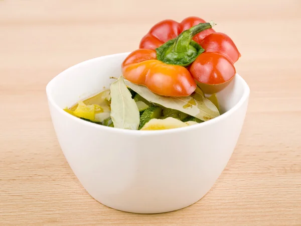 Delicious Vegetarian Soup Made Zucchini Yellow Paprika Served White Porcelain — Stock Photo, Image