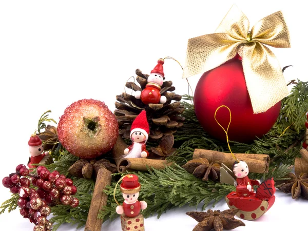 stock image Christmas decoration - glass ball and red wooden figures