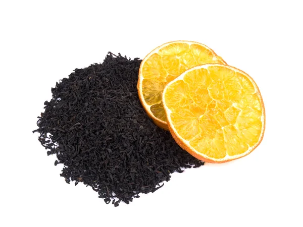 Dry Aromatic Black Tea Leavs Orange White Background — Stock Photo, Image