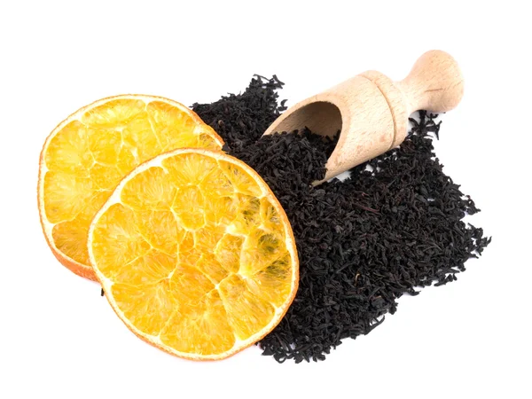 Dry Aromatic Black Tea Leavs Wooden Shovel Orange White Background — Stock Photo, Image