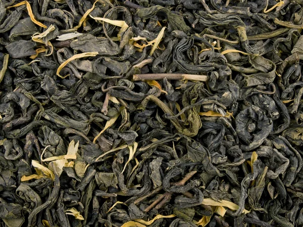 Aromatic Green Tea Leaves Marigold Petals Background — Stock Photo, Image