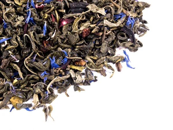 Closeup Picture Aromatic Green Tea Leaves Hibiscus Cornflower Petals White — Stock Photo, Image