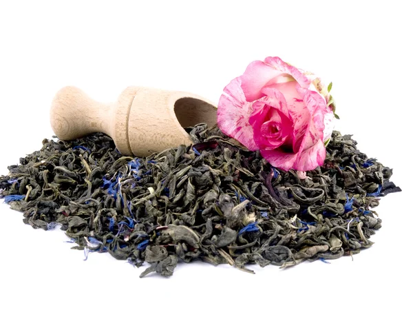 Chá verde aromático, pá de madeira e rosa rosa sobre branco — Fotografia de Stock