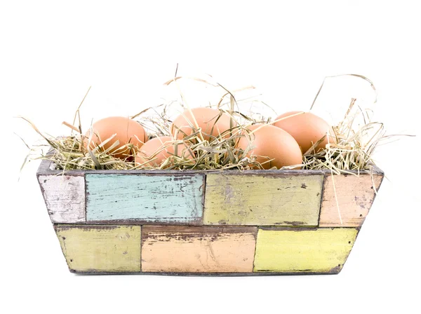 Five Fresh Eggs Old Fashioned Flowerpot Filled Hay White Background — Stock Photo, Image