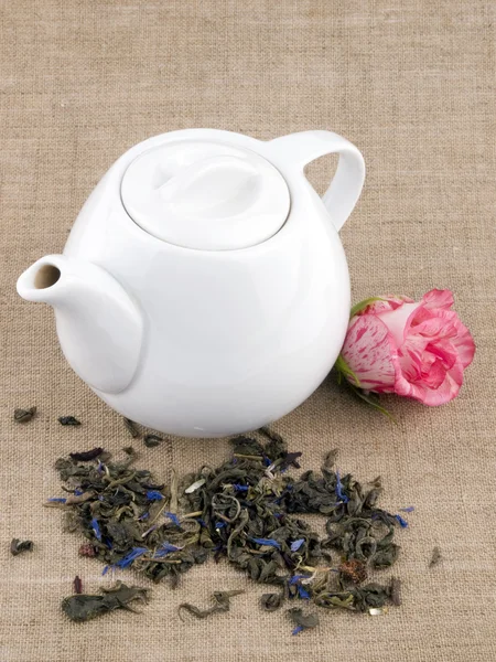 White Teapot Green Tea Linen Background — Stock Photo, Image