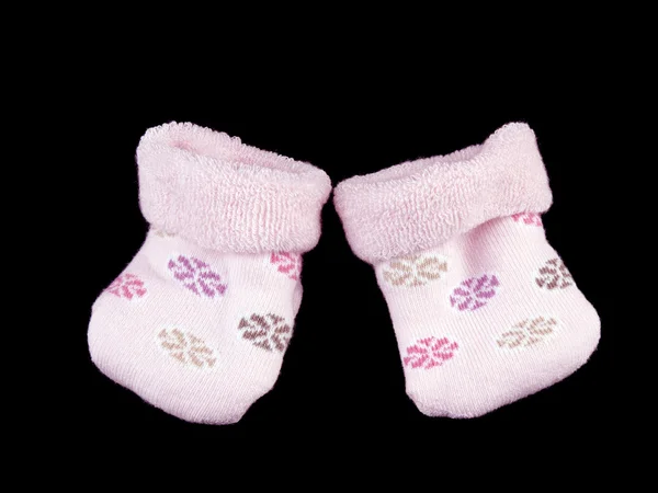 Closeup Picture Little Warm Socks Newborn Baby Black Background — Stock Photo, Image