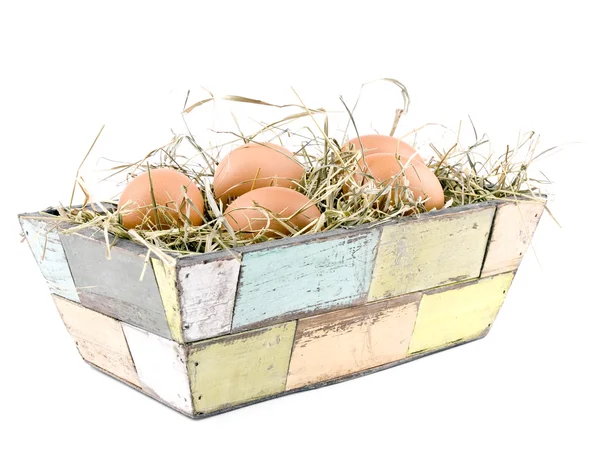 Five Fresh Eggs Old Fashioned Flowerpot Filled Hay White Background — Stock Photo, Image