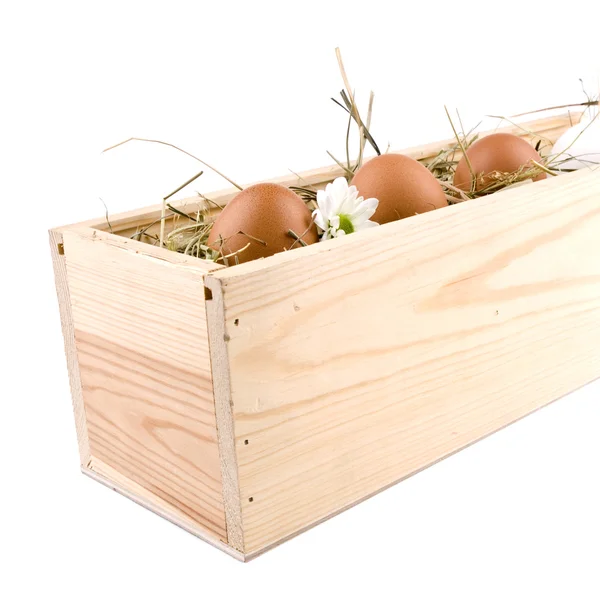 木製の箱で 4 個の卵 — ストック写真