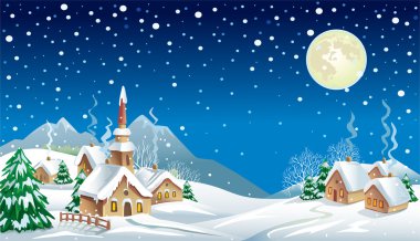 Christmas night in the village clipart