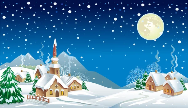 Noite de Natal na aldeia — Vetor de Stock
