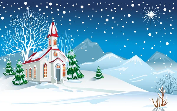 Paesaggio invernale con chiesa — Vettoriale Stock