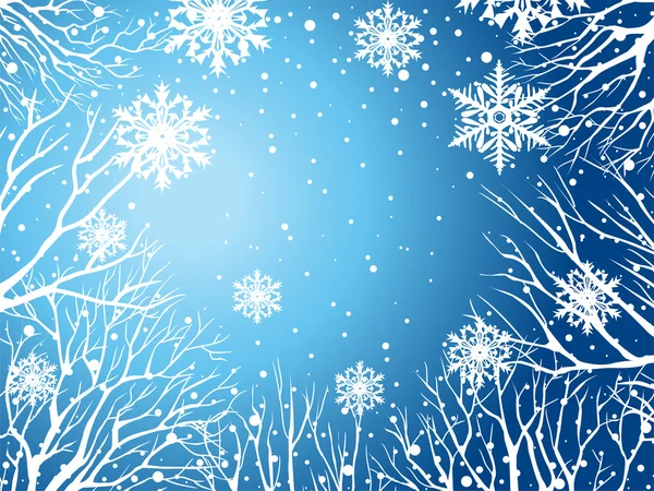 Céu de inverno com árvores e flocos de neve — Vetor de Stock