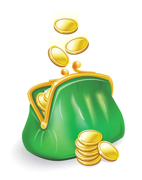 Złote monety mieszczą się w torebce zielony — Wektor stockowy