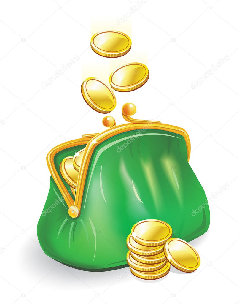 Gold coins fall into a green purse