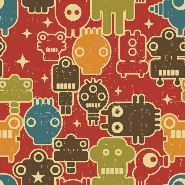 Robot and monsters seamless pattern on red. — Stock Vector