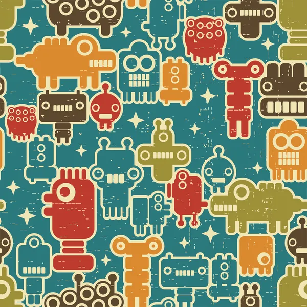 Robot en monsters naadloze patroon op blauw. — Stockvector