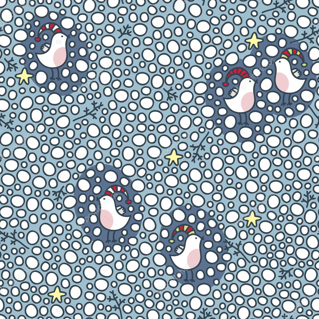 Winter seamless pattern with birds and snow.