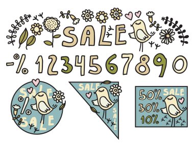 Set of discount tickets, labels, stamps, stickers, corners, tags with bird and flora in vector. clipart