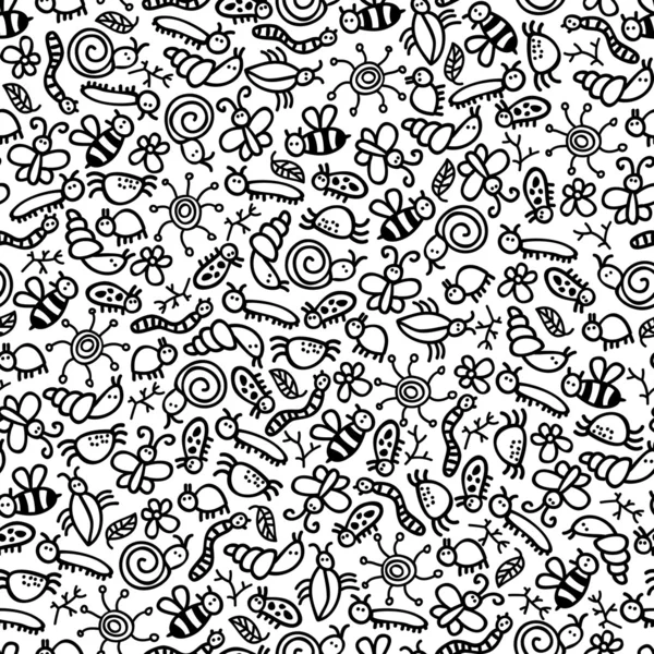 Insects World Black White Seamless Pattern — Stock Vector