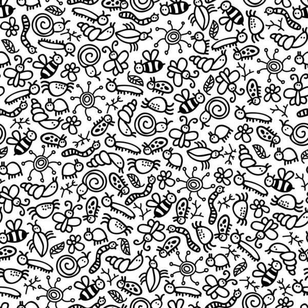 Insects world black and white seamless pattern.