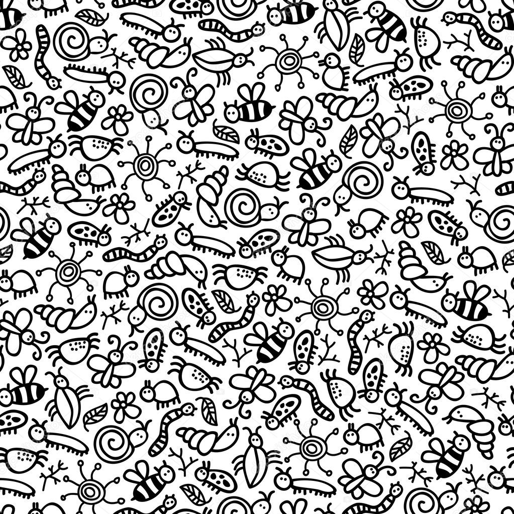 Insects world black and white seamless pattern.