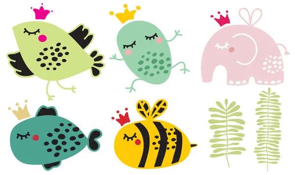 Cute animals in crown set. — Stock Vector