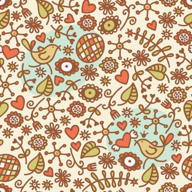 Seamless pattern with romantic birds in crown, hearts and flora. clipart