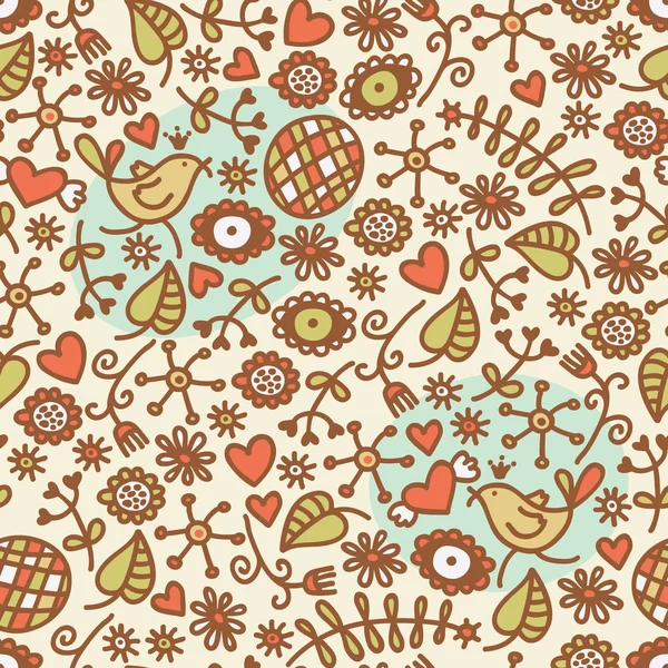 Seamless pattern with romantic birds in crown, hearts and flora. — Stock Vector