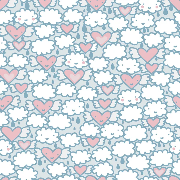 Seamless Pattern Hearts Clouds Vector Doodle Illustration — Stock Vector